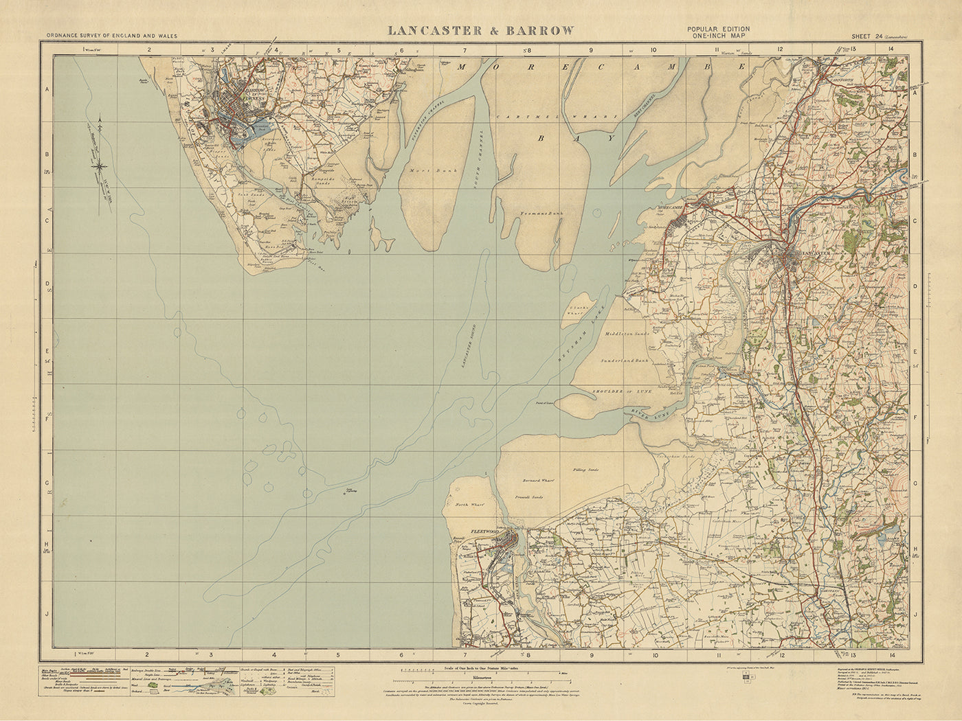 Ancienne carte de l'Ordnance Survey, feuille 24 - Lancaster & Barrow, 1925 : Morecambe, Fleetwood, Garstang, Heysham, Pilling