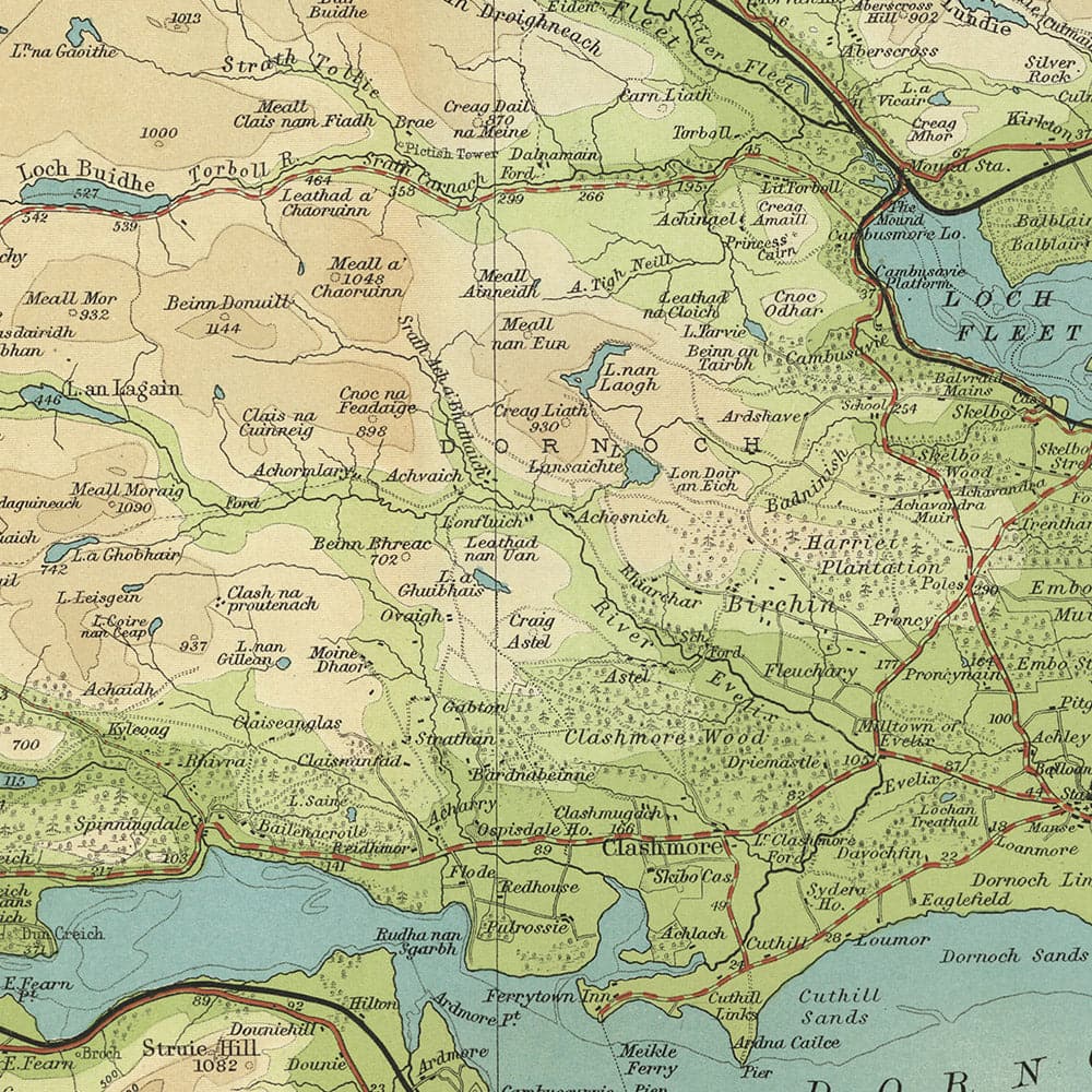 Old OS Map of Dornoch, Lairg, Sutherland by Bartholomew, 1901: Loch Shin, Dornoch Firth, Ben More Assynt