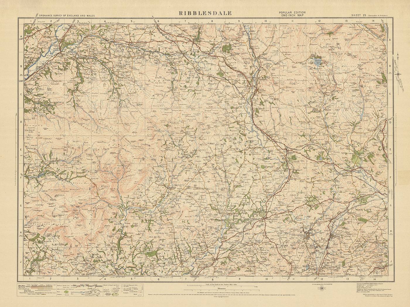 Ancienne carte de l'Ordnance Survey, feuille 25 - Ribblesdale, 1925 : Settle, Bentham, Barnoldswick, Forest of Bowland AONB, Yorkshire Dales National Park