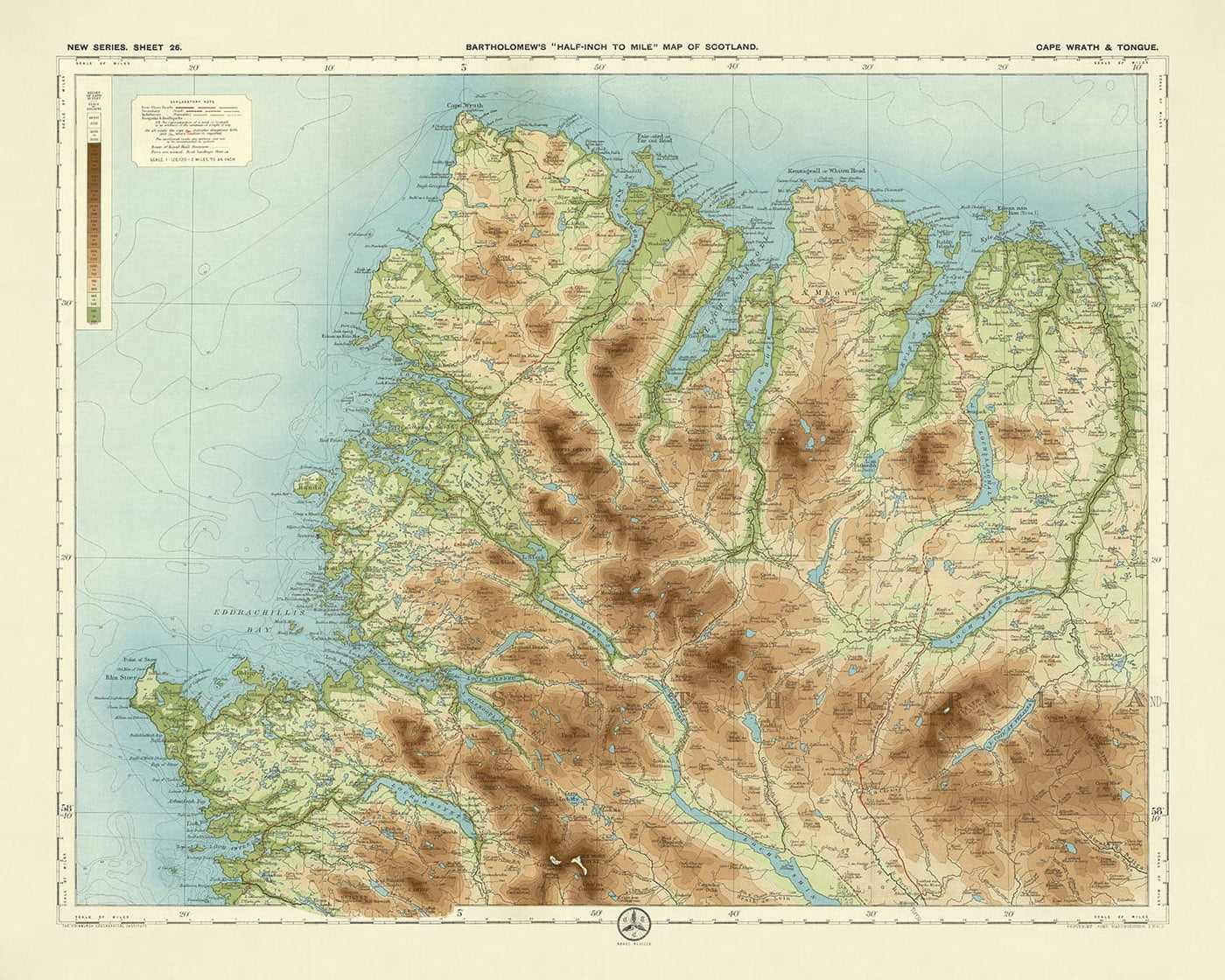Antiguo mapa del sistema operativo de Cape Wrath & Tongue, Sutherland por Bartholomew, 1901: Ben Hope, Loch Eriboll, Durness, Tongue, Kyle of Durness, Ben Loyal