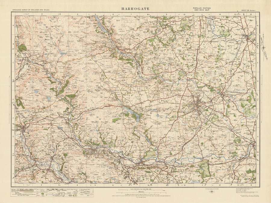Alte Ordnance Survey Karte, Blatt 26 - Harrogate, 1925: Otley, Ilkley, Skipton, Knaresborough, Nidderdale AONB 