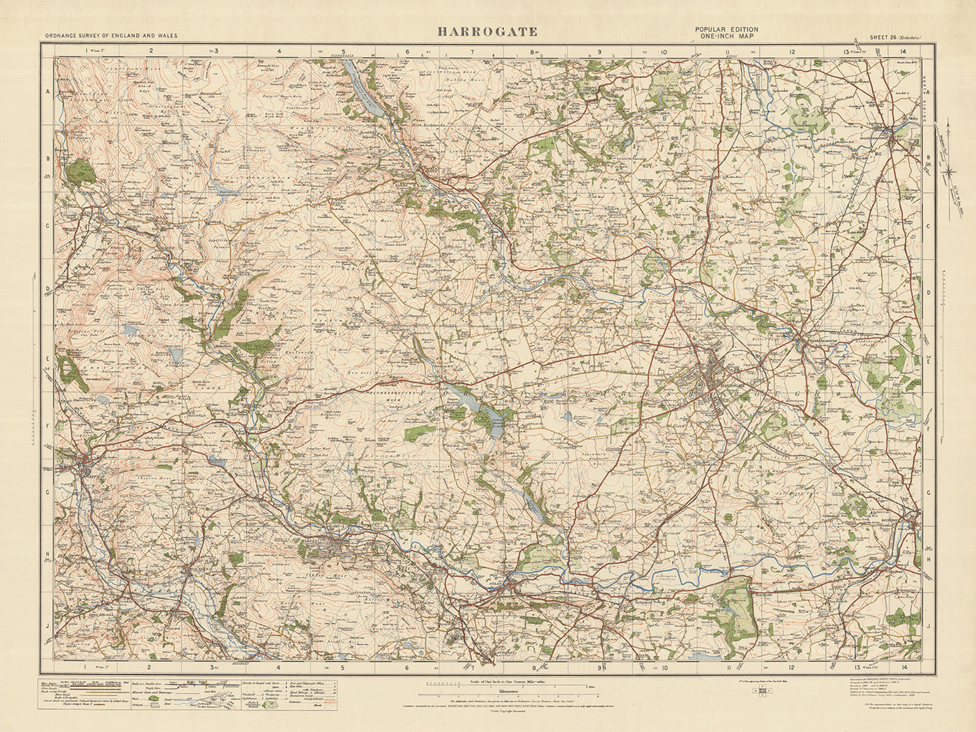 Alte Ordnance Survey Karte, Blatt 26 - Harrogate, 1925: Otley, Ilkley, Skipton, Knaresborough, Nidderdale AONB
