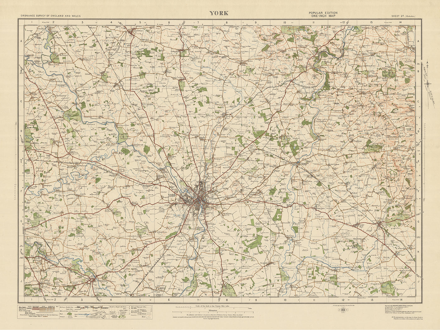 Mapa antiguo de Ordnance Survey, hoja 27 - York, 1925: Pocklington, Tadcaster, Easingwold, Stamford Bridge, Boston Spa
