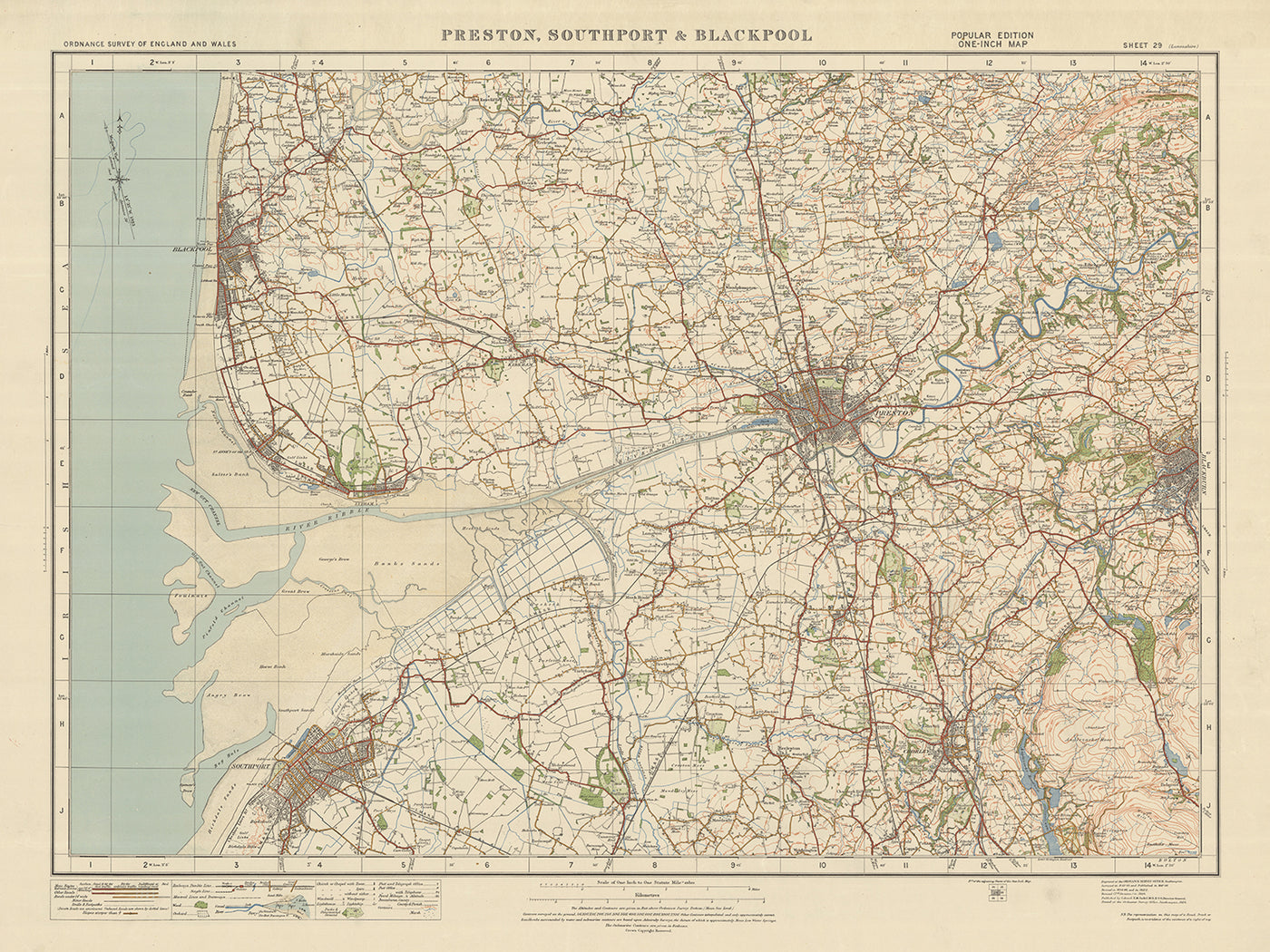 Mapa antiguo de Ordnance Survey, hoja 29 - "Preston, Southport & Blackpool", 1925: Blackburn, Chorley, Kirkham, Lytham St Annes y estuarios del Ribble y del Alt.