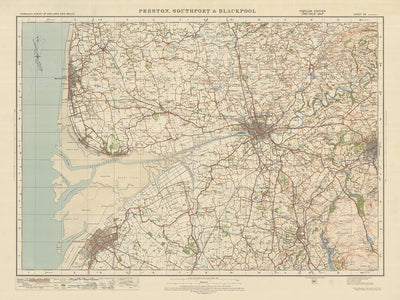 Ancienne carte de l'Ordnance Survey, feuille 29 - "Preston, Southport & Blackpool", 1925 : Blackburn, Chorley, Kirkham, Lytham St Annes et les estuaires de la Ribble et de l'Alt.