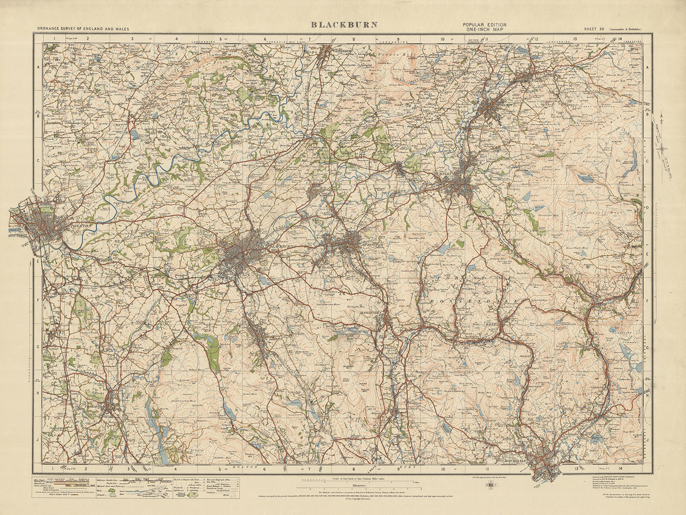 Mapa antiguo de Ordnance Survey, hoja 30 - Blackburn, 1925: Preston, Burnley, Clitheroe, Accrington, Chorley