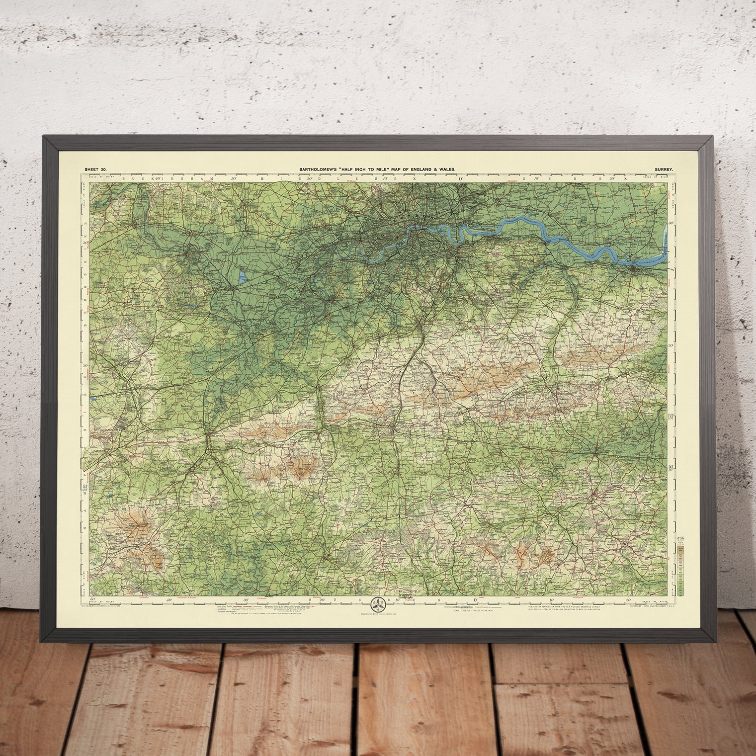 Old OS Map of Surrey by Bartholomew - Sheet30 SurreyBartholomew190124x18 Mockupframe 
