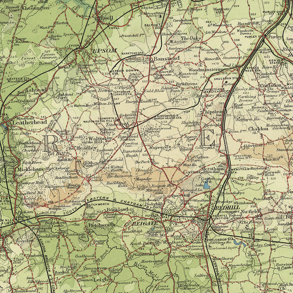 Old OS Map of Surrey by Bartholomew, 1901: London, Thames, Richmond Park, North Downs, Epsom