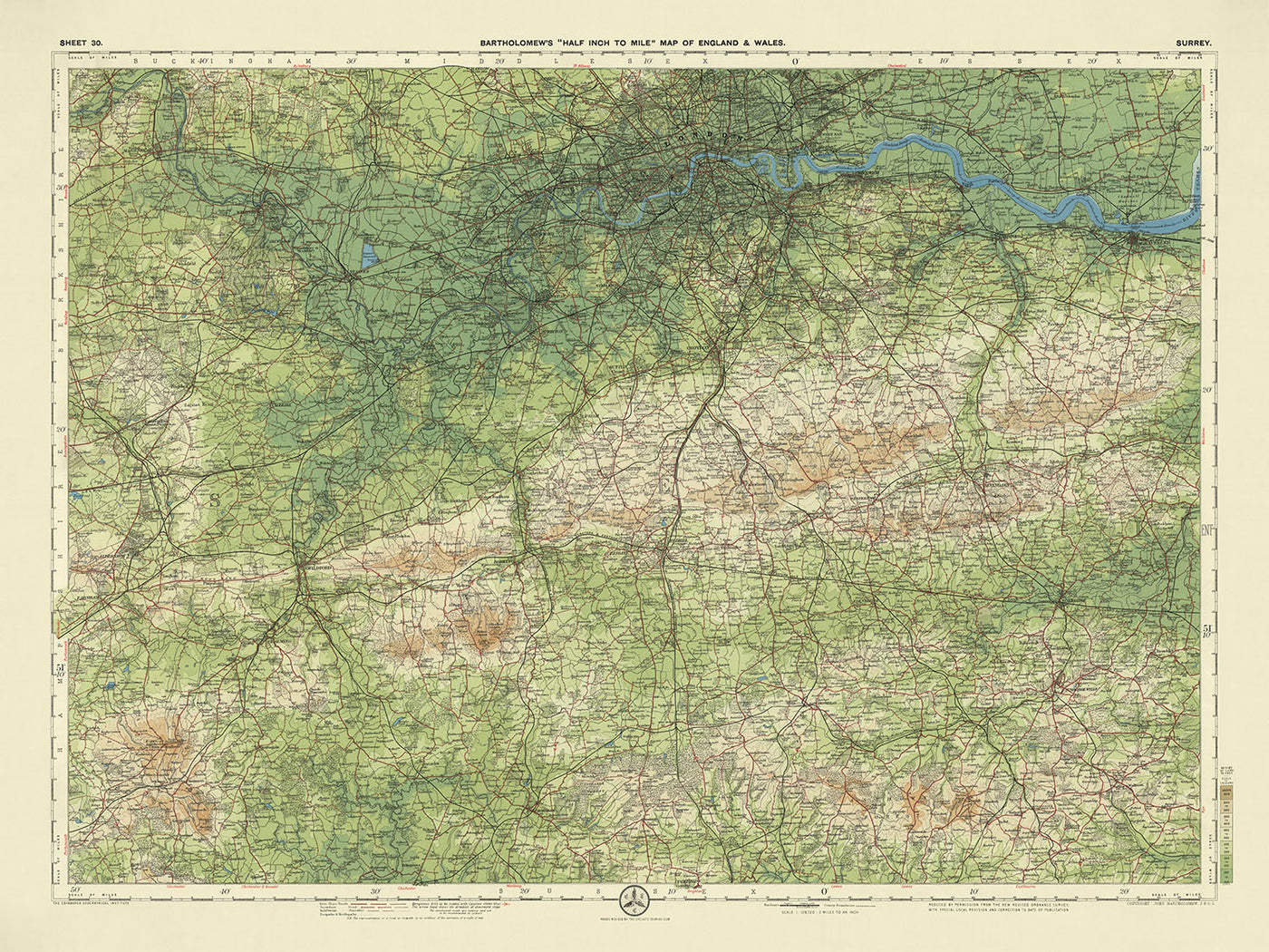 Antiguo mapa OS de Surrey por Bartholomew, 1901: Londres, Támesis, Castillo de Windsor, Richmond Park, North Downs, Epsom