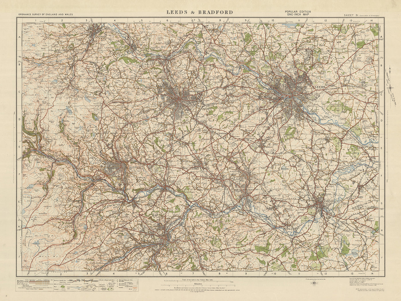 Ancienne carte de l'Ordnance Survey, feuille 31 - Leeds & Bradford, 1925 : Halifax, Huddersfield, Wakefield, Dewsbury, Keighley