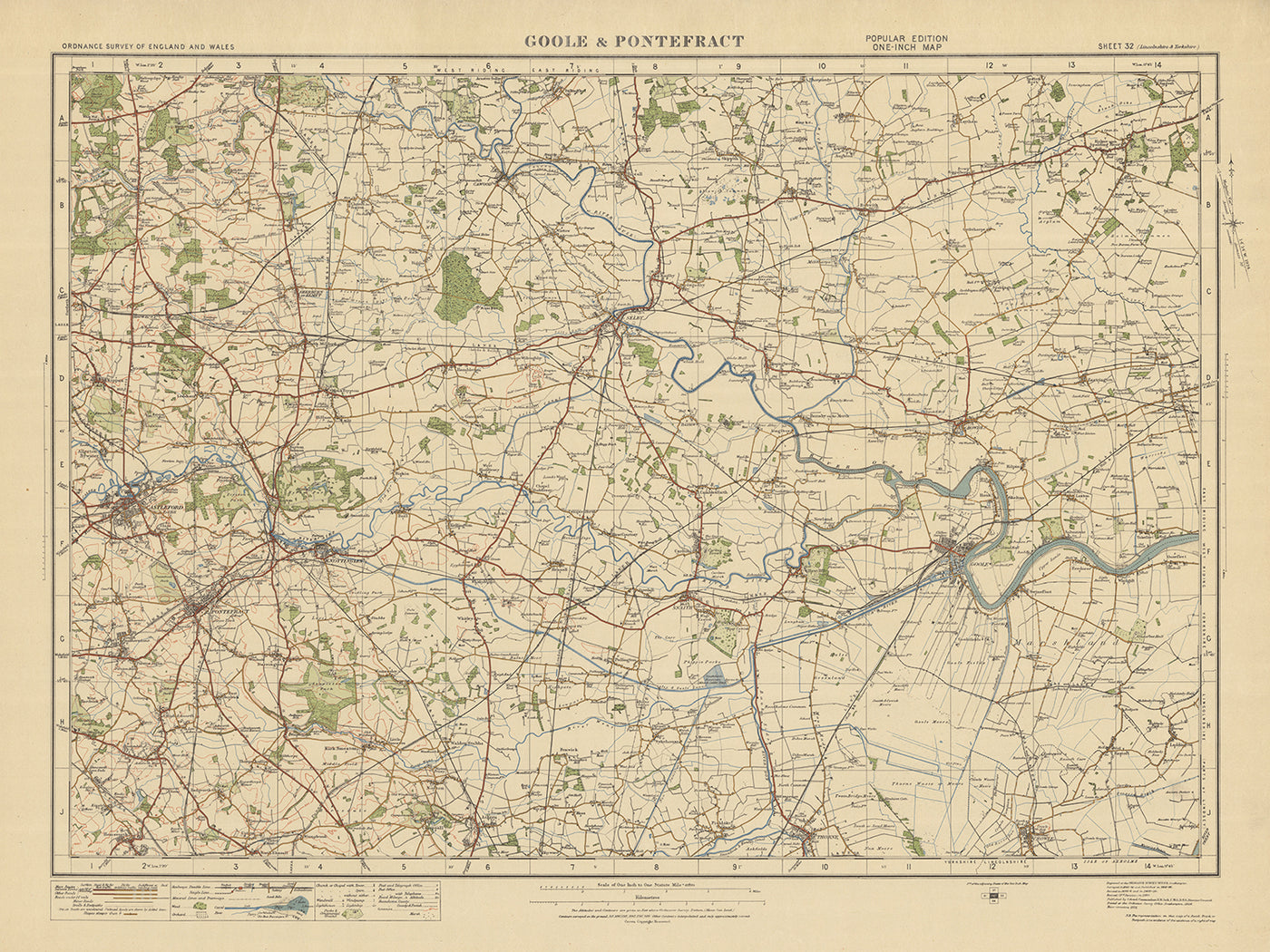 Ancienne carte de l'Ordnance Survey, feuille 32 - Goole & Pontefract, 1925 : Castleford, Knottingley, Selby, Howden, Snaith