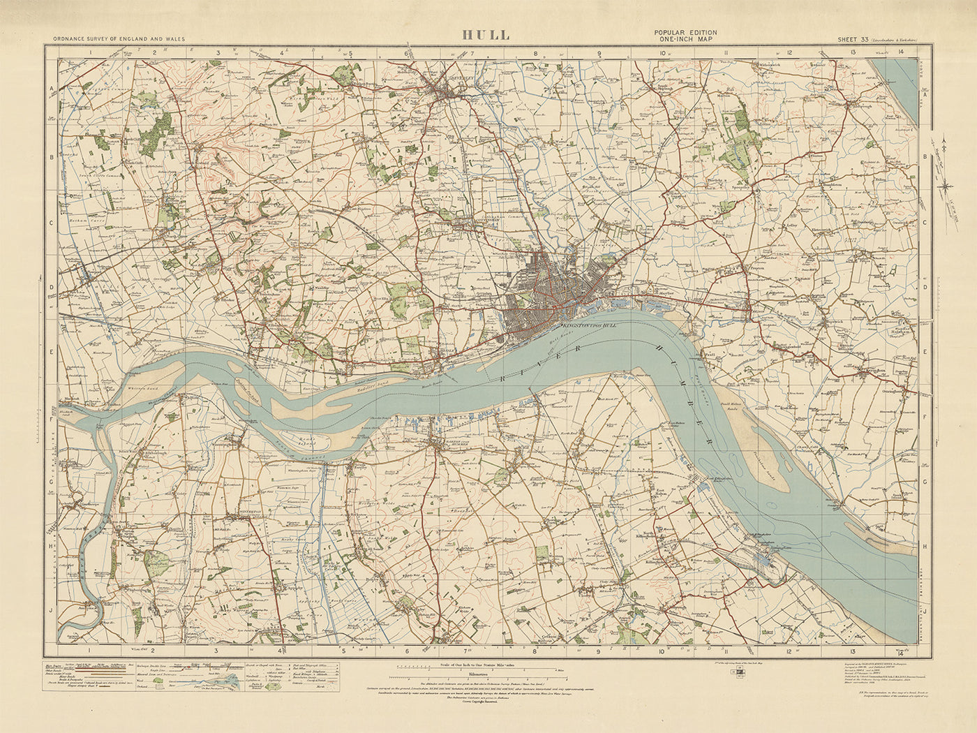 Mapa antiguo de Ordnance Survey, hoja 33 - Hull, 1925: Beverley, Barton-upon-Humber, Hessle, Winterton y río Humber