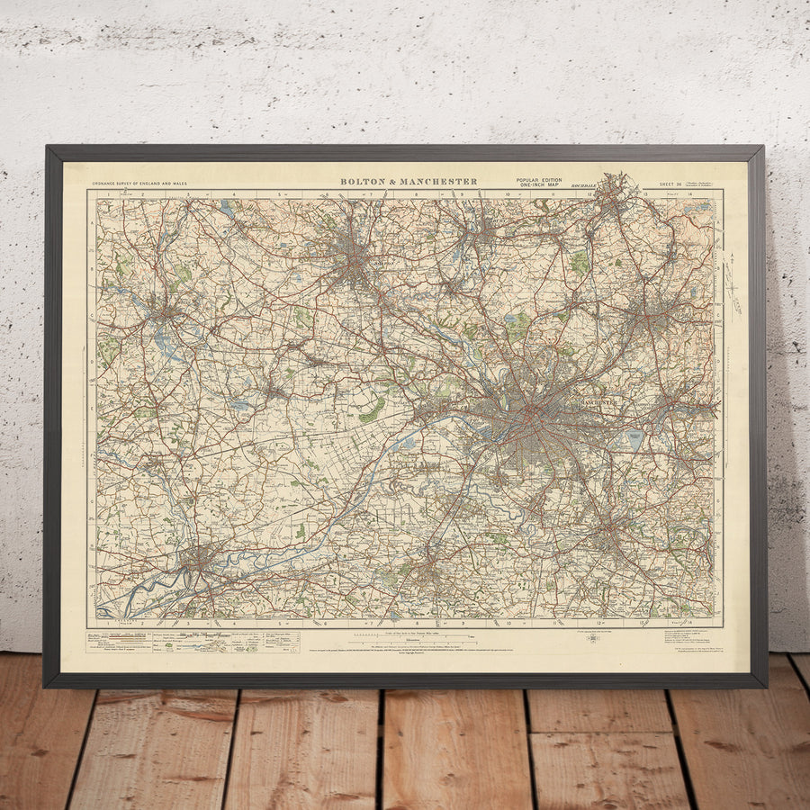 Alter Ordnance Survey-Karte, Blatt 36 - Bolton & Manchester, 1925: Warrington, Wigan, Oldham, Rochdale, Bury 