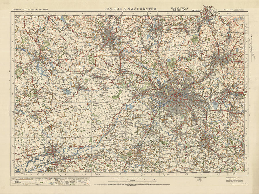 Alter Ordnance Survey-Karte, Blatt 36 - Bolton & Manchester, 1925: Warrington, Wigan, Oldham, Rochdale, Bury 