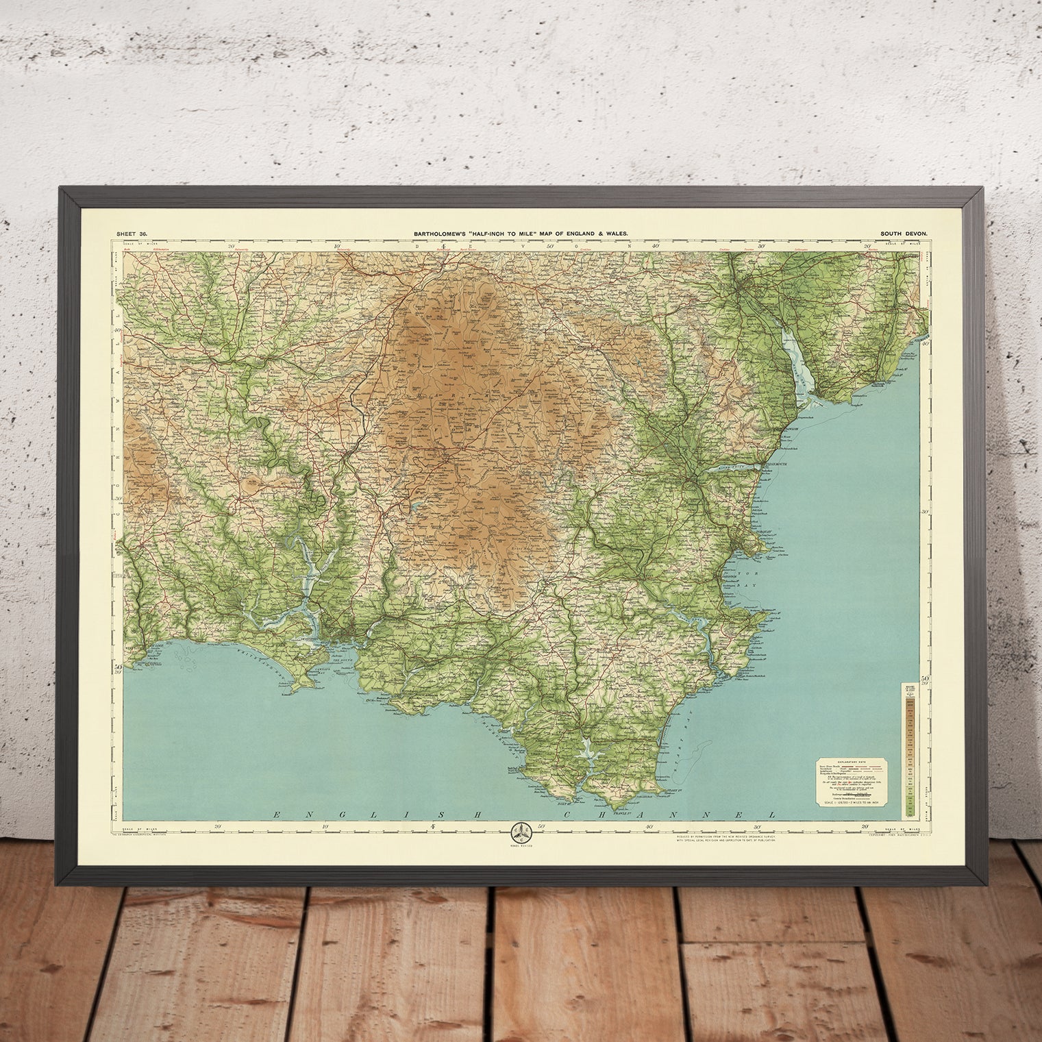 Wall Map Devon Old OS Map of South Devon by Bartholomew, 1901: Exeter, Torquay, Dartm ...
