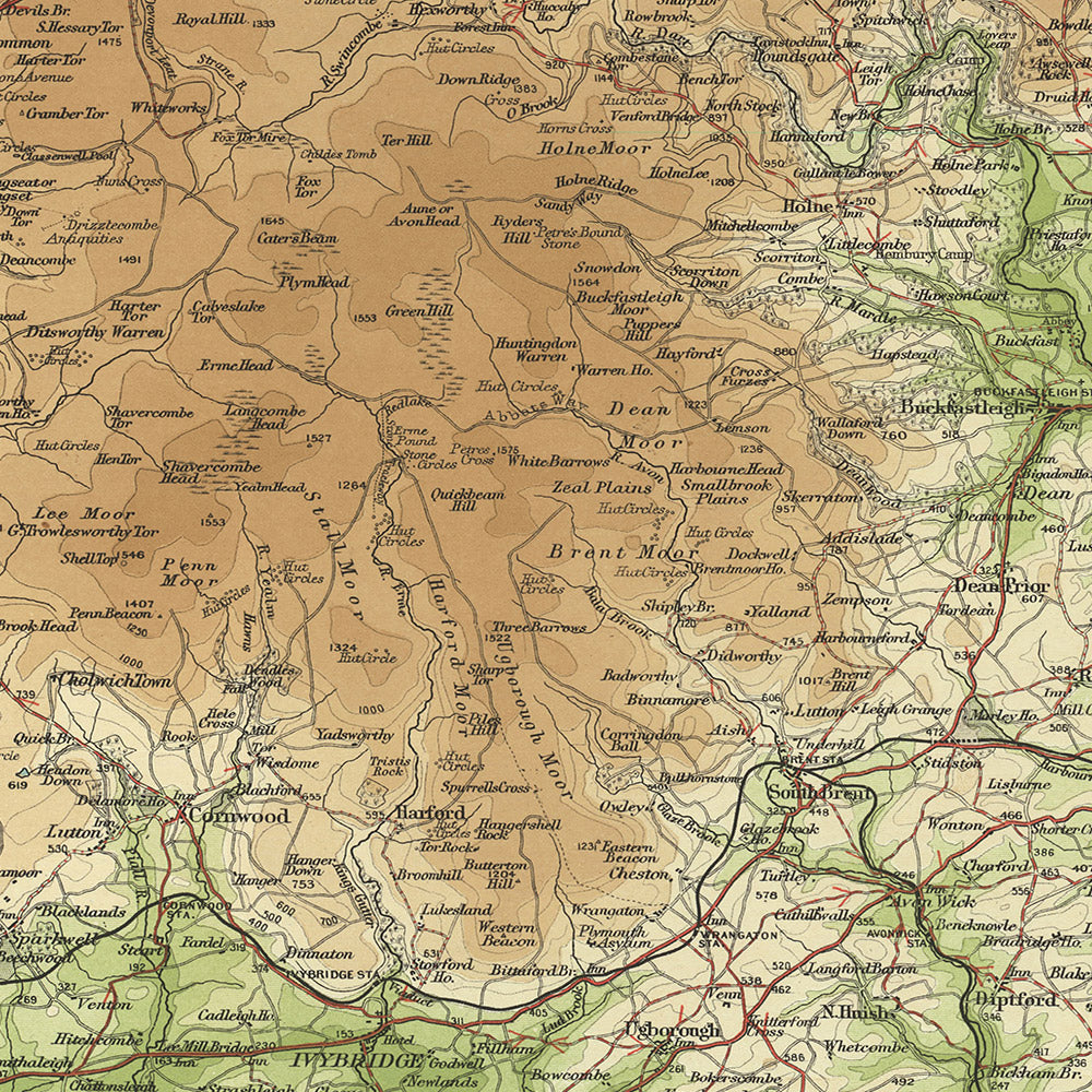 Wall Map Devon Old OS Map of South Devon by Bartholomew, 1901: Exeter, Torquay, Dartm ...