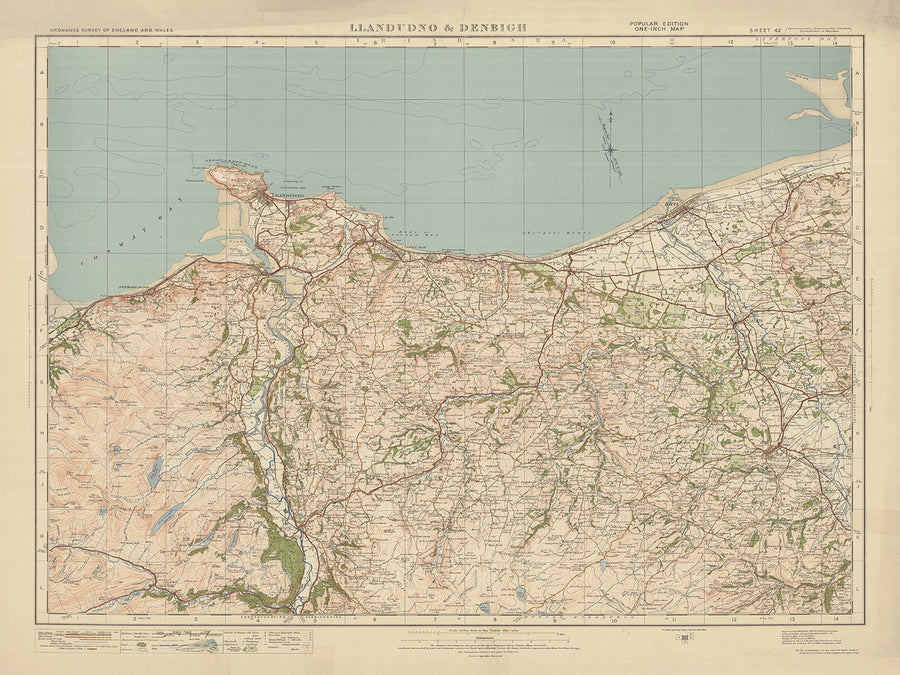 Mapa de Old Ordnance Survey, hoja 42 - Llandudno y Denbigh, 1925: Colwyn Bay, Llanwrst, Rhyl, Conwy, Gwydir Forest Park