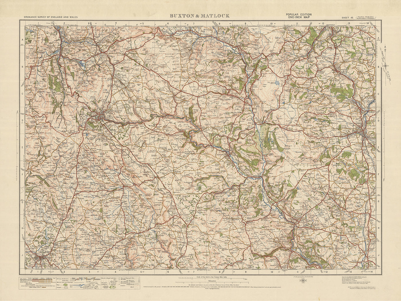 Carte Old Ordnance Survey, feuille 45 - Buxton & Matlock, 1925 : Leek, Chesterfield, Bakewell, Chapel-en-le-Frith et parc national de Peak District