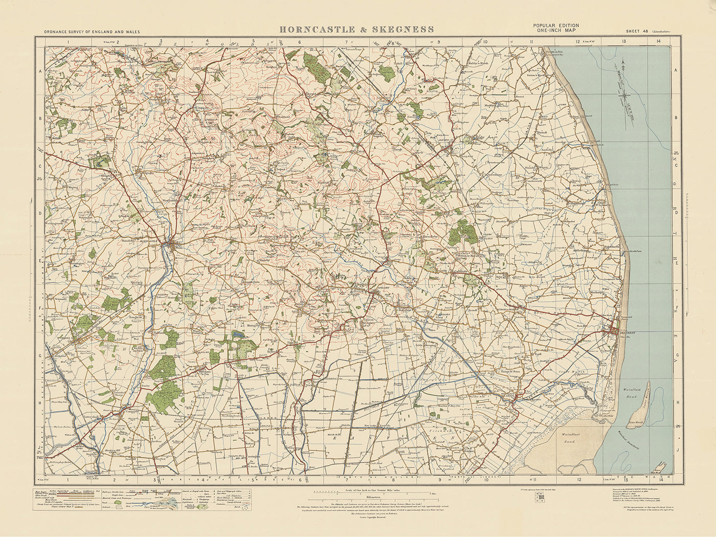 Mapa de estudio de artillería antigua, hoja 48 - Horncastle & Skegness, 1925: Spilsby, Alford, Ingoldmells, Woodhall Spa, Lincolnshire Wolds AONB