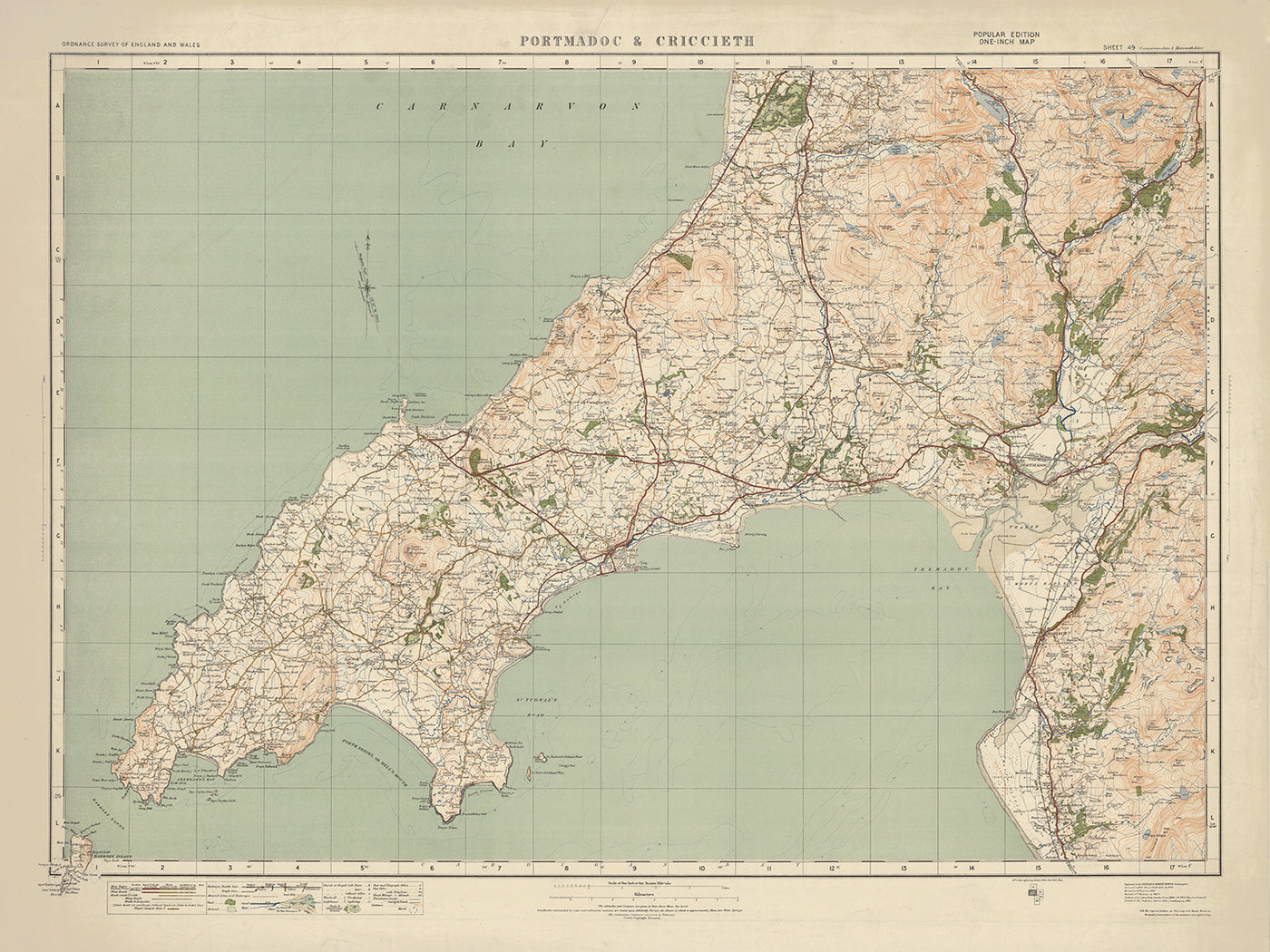 Old Ordnance Survey Map, Blatt 49 – Portmadoc & Criccieth, 1925: Harlech, Pwllheli, Abersoch, Yr Wyddfa (Mt. Snowdon), Eryri-Nationalpark