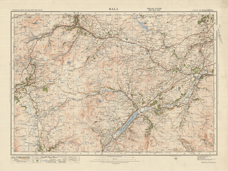 Alter Ordnance Survey Karte, Blatt 50 - Bala, 1925: Corwen, Blaenau Ffestiniog, Trawsfynydd, Coed y Brenin Waldpark, Eryri Nationalpark (Snowdonia) 
