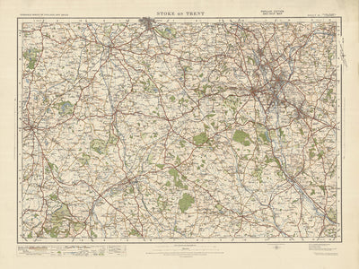 Carte Old Ordnance Survey, feuille 52 - Stoke on Trent, 1925 : Newcastle-under-Lyme, Crewe, Nantwich, Whitchurch, Market Drayton