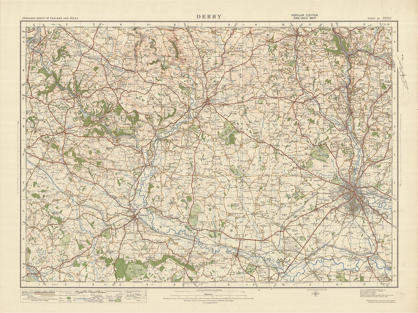 Mapa de Old Ordnance Survey, hoja 53 - Derby, 1925: Uttoxeter, Belper, Ripley, Ashbourne, Cheadle