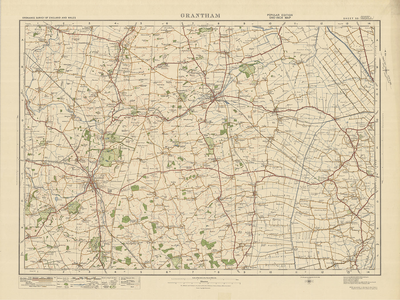 Carte Old Ordnance Survey, feuille 55 - Grantham, 1925 : Sleaford, Donington, Long Bennington, Ruskington, Swineshead
