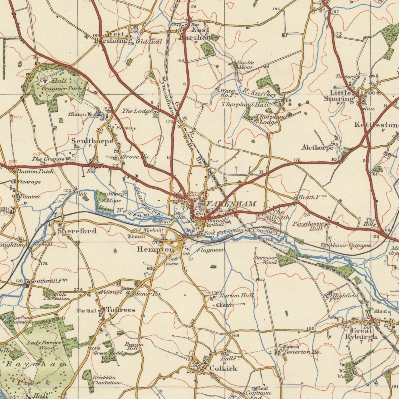Mapa de Old Ordnance Survey, hoja 57 - Fakenham, 1925: Holt, Burnham Market, Little Walsingham, Briston, Costa de Norfolk AONB