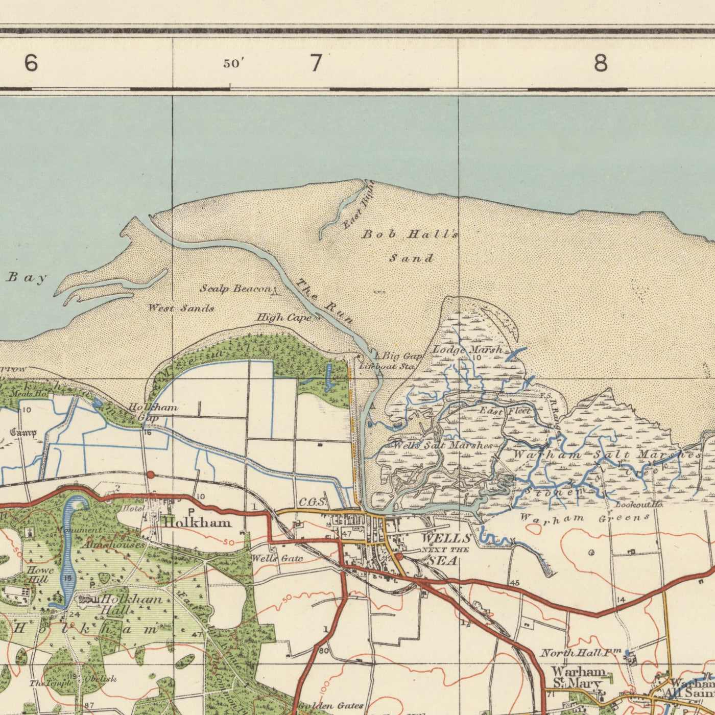 Mapa de Old Ordnance Survey, hoja 57 - Fakenham, 1925: Holt, Burnham Market, Little Walsingham, Briston, Costa de Norfolk AONB