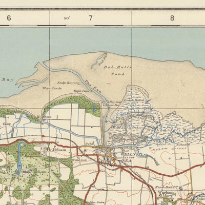 Mapa de Old Ordnance Survey, hoja 57 - Fakenham, 1925: Holt, Burnham Market, Little Walsingham, Briston, Costa de Norfolk AONB