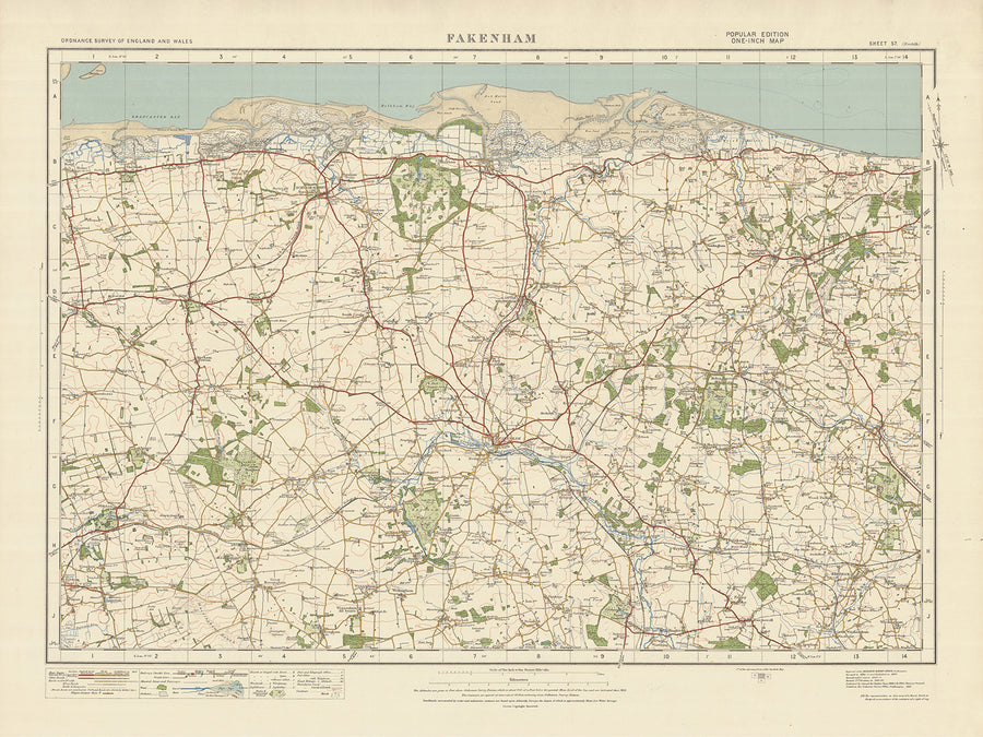 Alter Ordnance Survey Karte, Blatt 57 - Fakenham, 1925: Holt, Burnham Market, Little Walsingham, Briston, Norfolk Coast AONB 