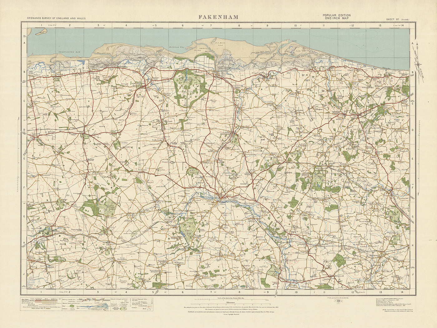 Mapa de Old Ordnance Survey, hoja 57 - Fakenham, 1925: Holt, Burnham Market, Little Walsingham, Briston, Costa de Norfolk AONB