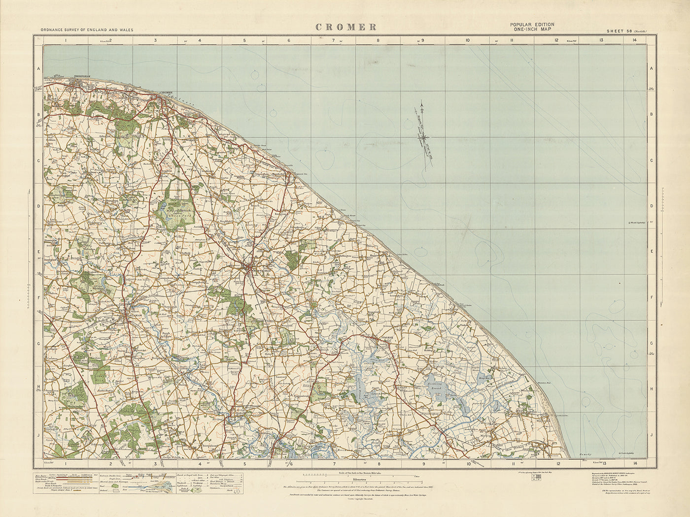 Carte Old Ordnance Survey, feuille 58 - Cromer, 1925 : North Walsham, Mundesley, Aylsham, Stalham, Sheringham