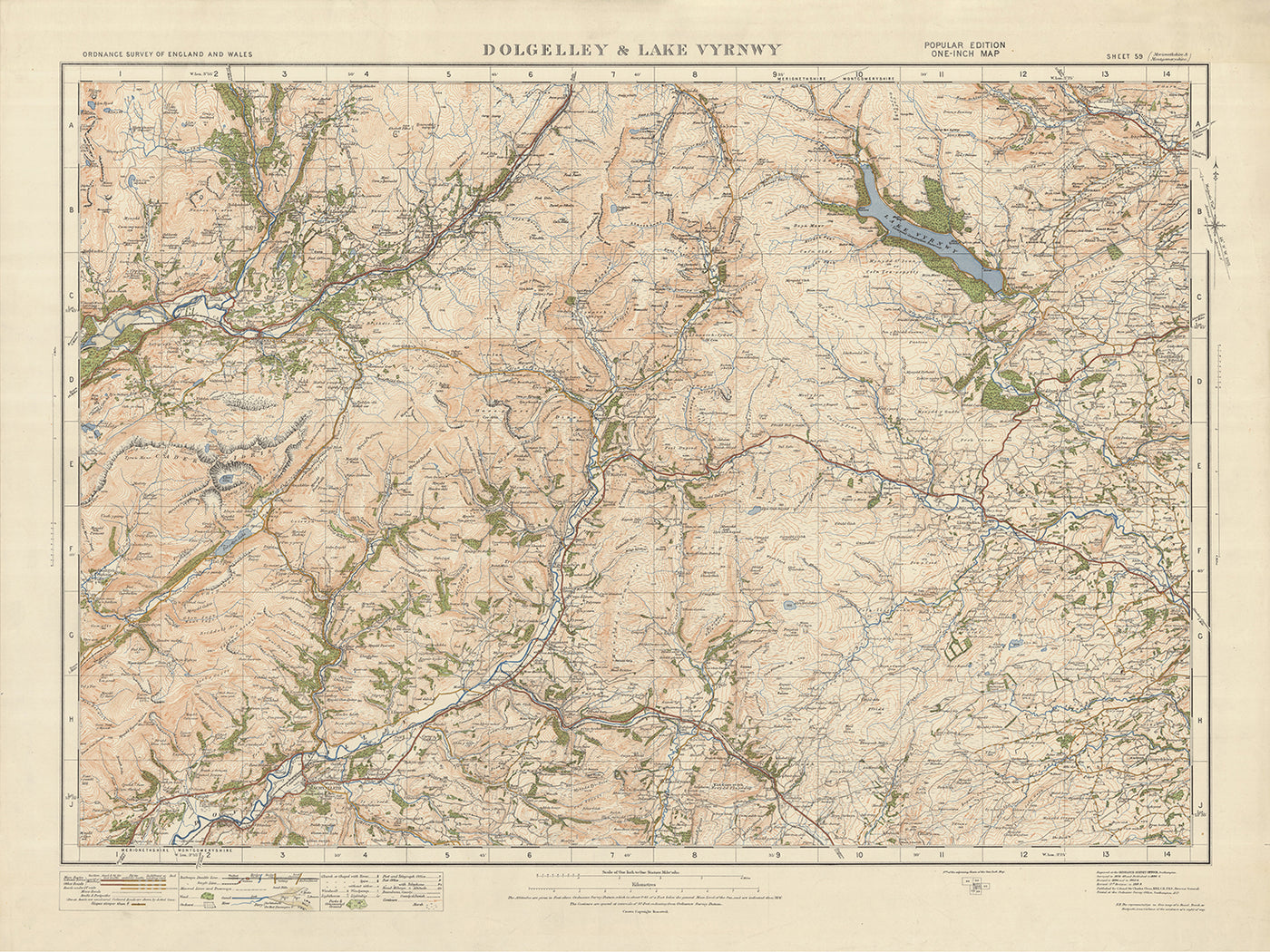 Mapa de Old Ordnance Survey, hoja 59 - Dolgelly y el lago Vyrnwy, 1925: Machynlleth, Corris, Aberangell, Coed y Brenin Forest Park, Parque Nacional Eryri