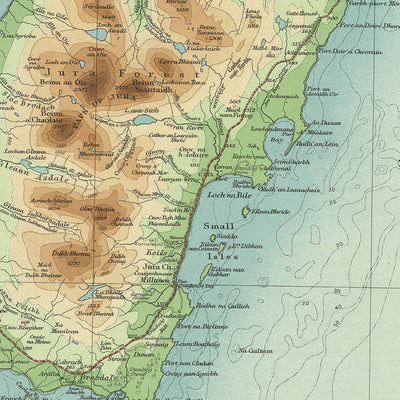 Ancienne carte OS d'Islay, Argyll par Bartholomew, 1901 : Bowmore, Paps of Jura, Loch Indaal, Sound of Islay, Loch Gruinart, Loch Finlaggan