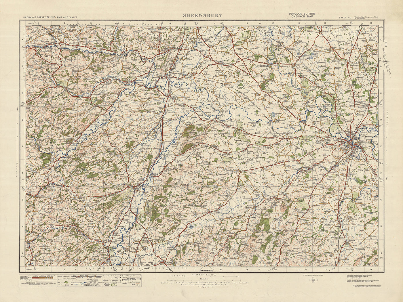Mapa de Old Ordnance Survey, hoja 60 - Shrewsbury, 1925: Welshpool, Llanfyllin, Llanrhaeadr-ym-Mochnant, Llanfair Caereinion, Shropshire Hills AONB
