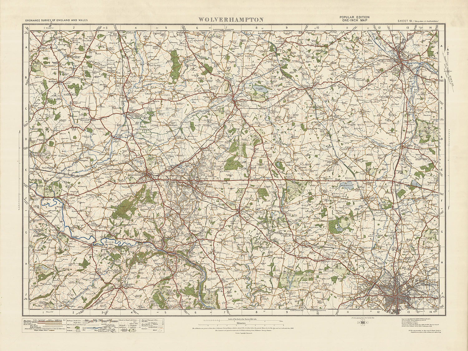 1925 Map Old Ordnance Survey Map, Sheet 61 - Wolverhampton, 1925: Shifnal, Telf ...