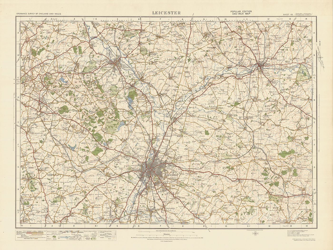 Mapa de Old Ordnance Survey, hoja 63 - Leicester, 1925: Loughborough, Coalville, Melton Mowbray, Wigston, Shepshed