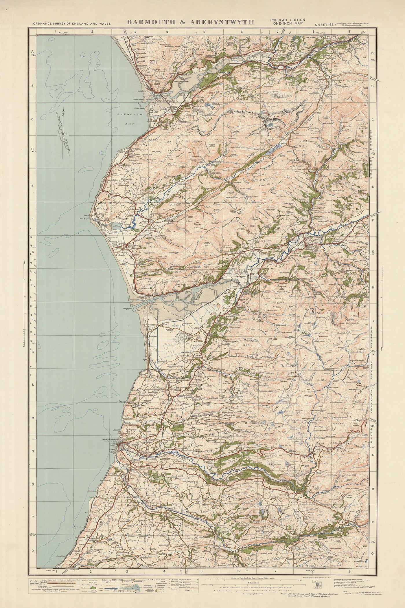 Carte Old Ordnance Survey, feuille 68 - Barmouth et Aberystwyth, 1925 : Tywyn, Aberdyfi, Machynlleth, parc national d'Eryri (Snowdonia)
