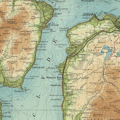 Alte OS-Karte von Glasgow, Lanarkshire von Bartholomew, 1901: Loch Lomond, Firth of Clyde, Arrochar Alps, Trossachs, Dumbarton Castle, Eisenbahnen