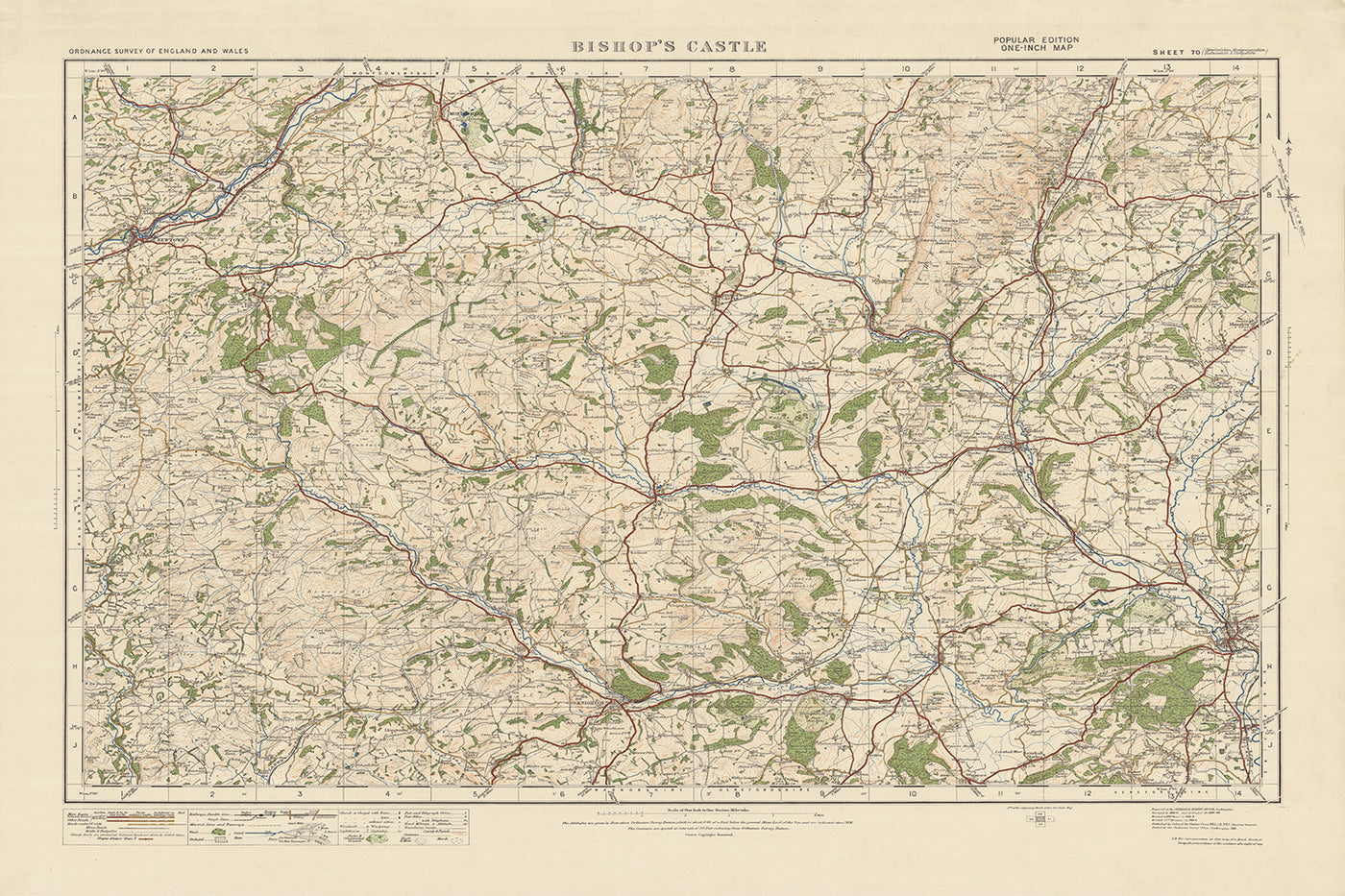 Carte Old Ordnance Survey, feuille 70 - Château des évêques, 1925 : Newtown, Knighton, Clun, Ludlow, Shropshire Hills AONB