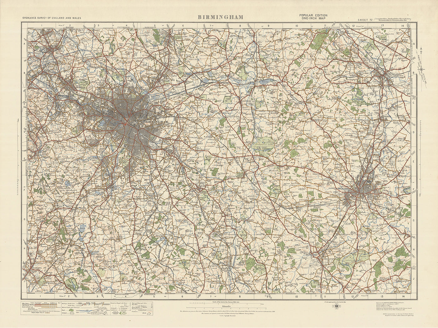 Carte Old Ordnance Survey, feuille 72 - Birmingham, 1925 : Coventry, Nuneaton, Solihull, Kenilworth, West Bromwich