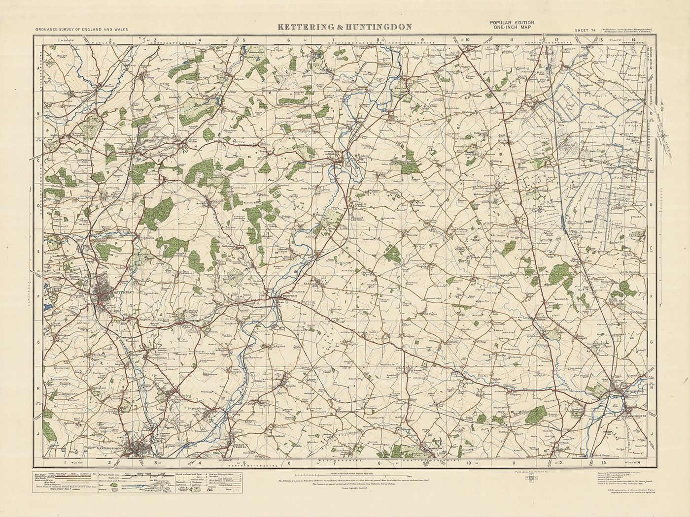 Mapa de estudio de artillería antigua, hoja 74 - Kettering & Huntingdon, 1925: Corby, Oundle, Wellingborough, Huntingdon, Yaxley