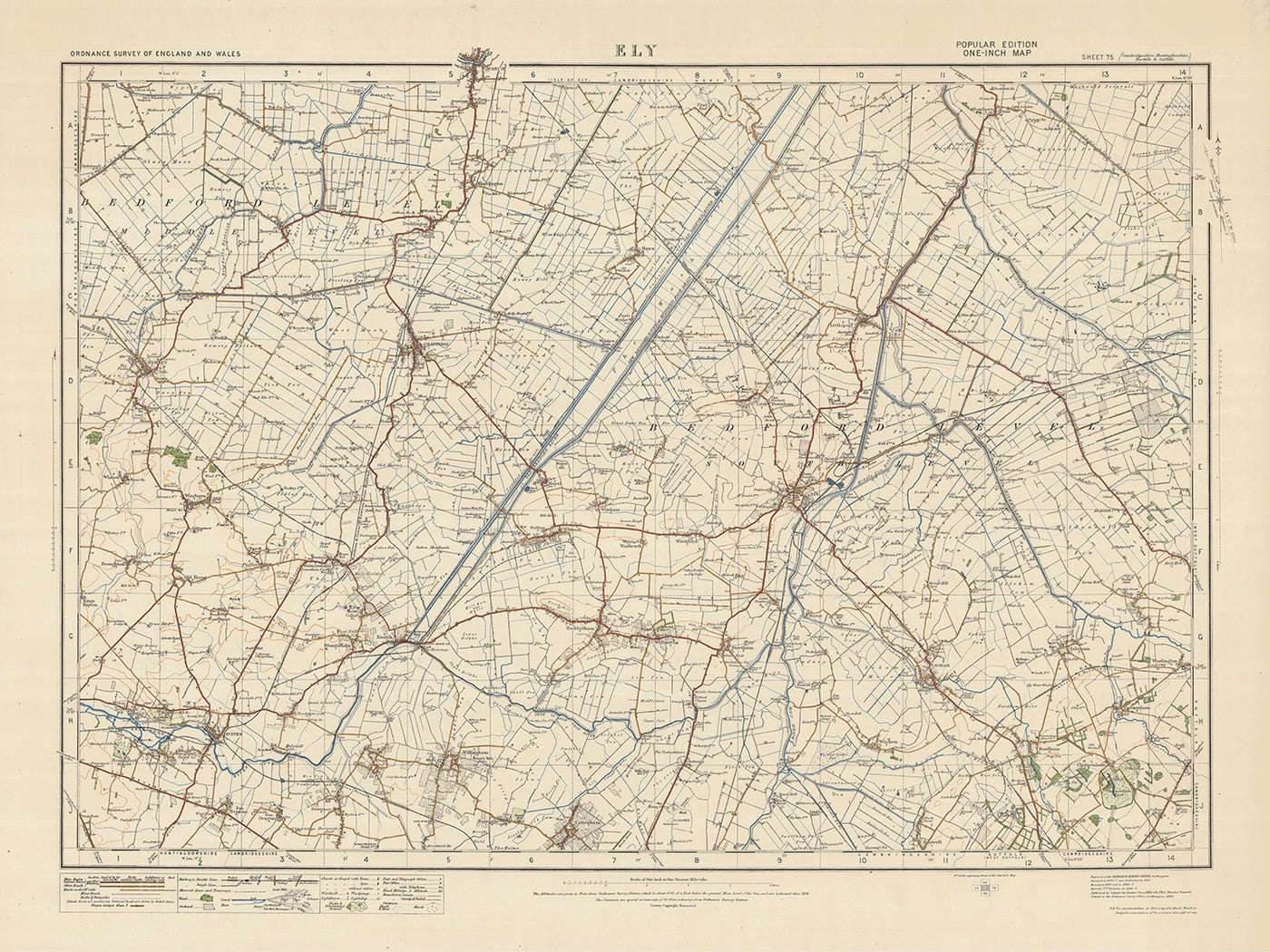 Mapa de Old Ordnance Survey, hoja 75 - Ely, 1925: Soham, Ramsey, St Ives, Chatteris, marzo