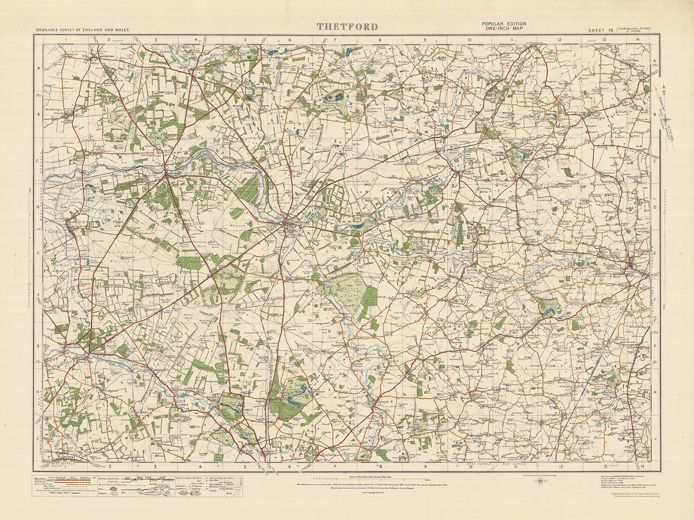 Old Ordnance Survey Map, Sheet 76 - Thetford, 1925: Brandon, Mildenhall, Diss, Lakenheath, East Harling
