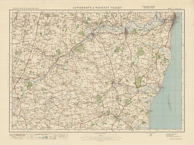Carte Old Ordnance Survey, feuille 77 - Lowestoft et Waveney Valley, 1925 : Beccles, Bungay, Southwold, Halesworth, Suffolk Coast et Heaths AONB