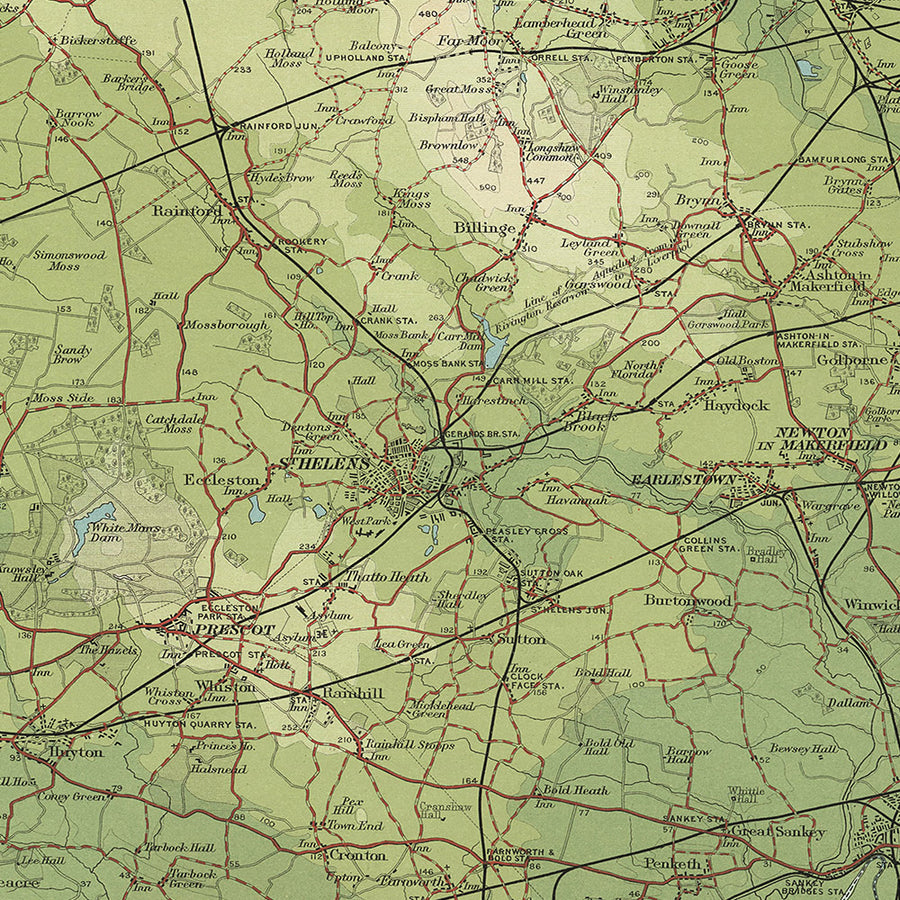 Mappa OS antica di Liverpool e Manchester di Bartholomew, 1901: Mersey, Pennine Hills, Peak District, Chester, Ferrovie 