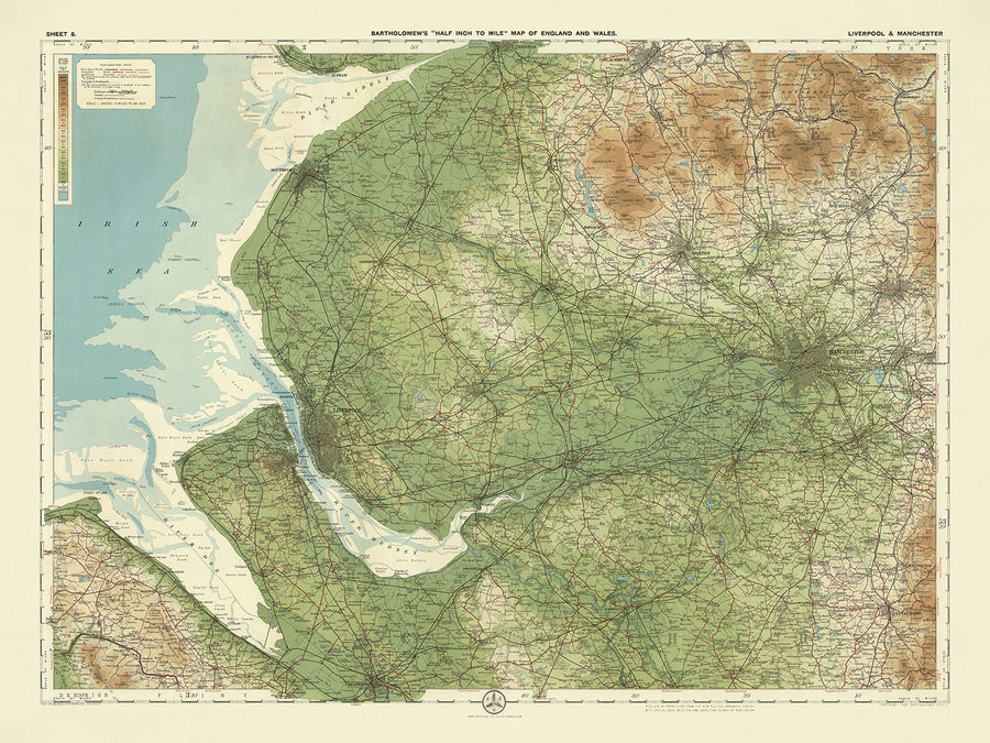 Mappa OS antica di Liverpool e Manchester di Bartholomew, 1901: Mersey, Pennine Hills, Peak District, Chester, Ferrovie 