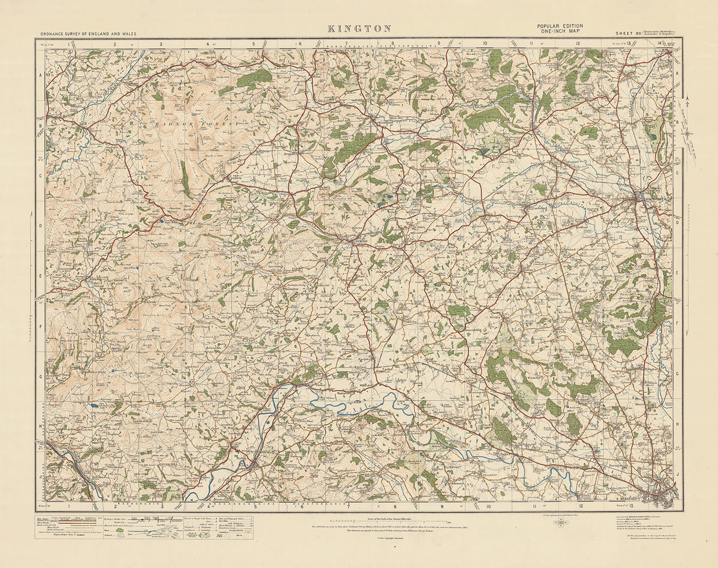 Mapa de estudio de artillería antigua, hoja 80 - Kington, 1925: Leominster, Hereford, Presteigne, Hay-on-Wye, New Radnor